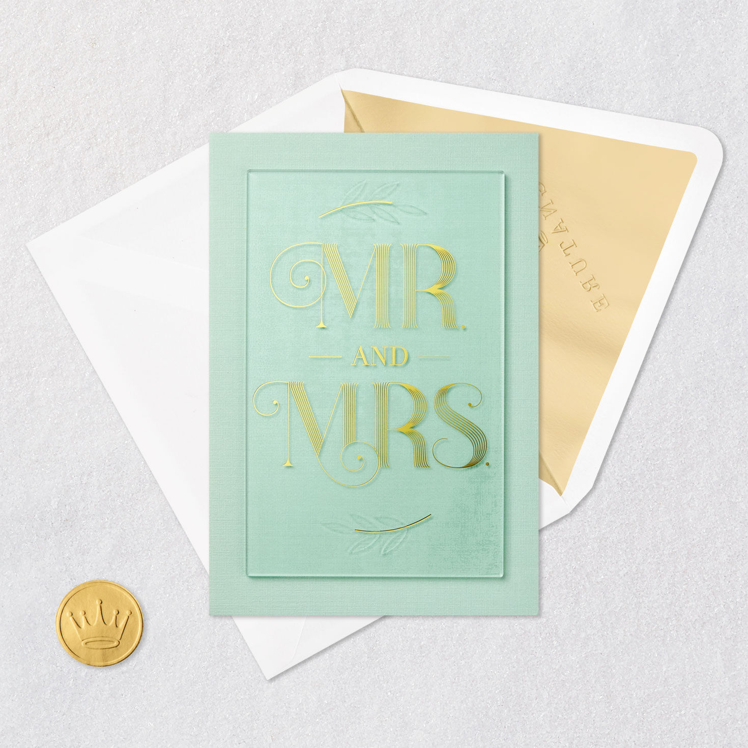 Sage and Gold Mr And Mrs Wedding Card Card Front with Envelope and Gold Seal image number 5