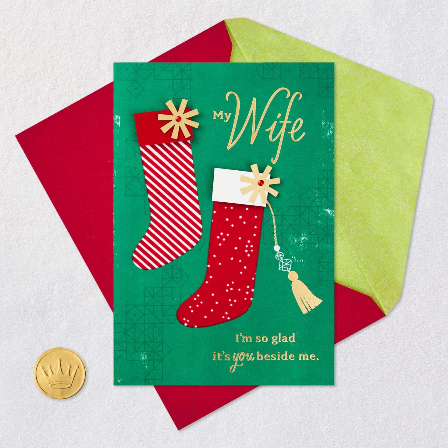 Festive Holiday Stockings Wife Christmas Card Card Front with Envelope and Gold Seal image number 7