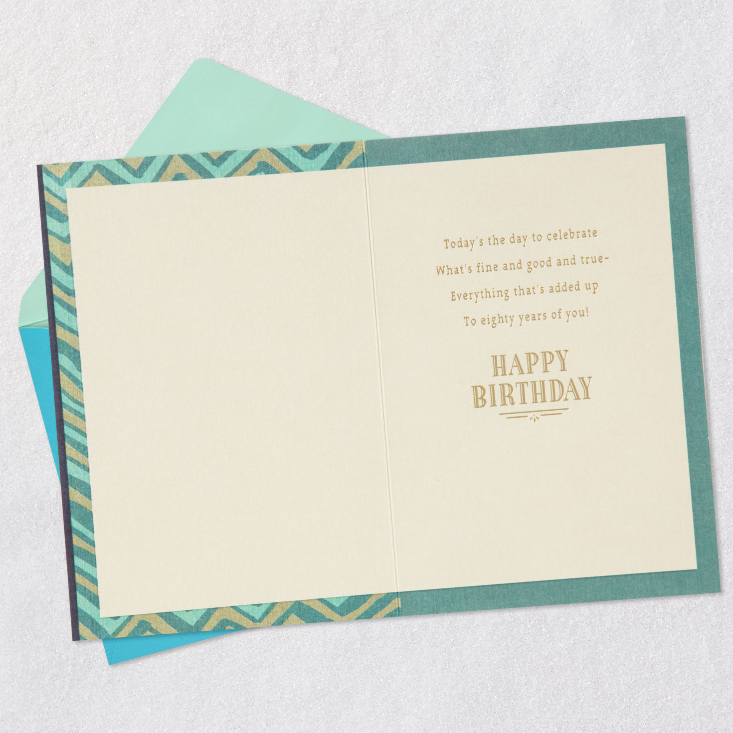 Casual Chevrons in Green 80th Birthday Card Open card with envelope image number 3