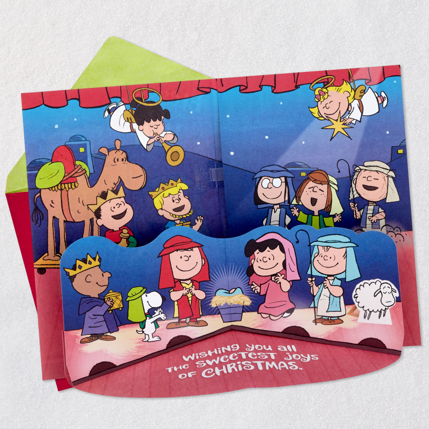 Peanuts Christmas Pageant Musical Pop-Up Christmas Card Open card with envelope image number 2