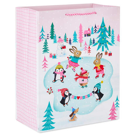 13" Ice-Skating Animals on Pink Large Christmas Gift Bag, , large