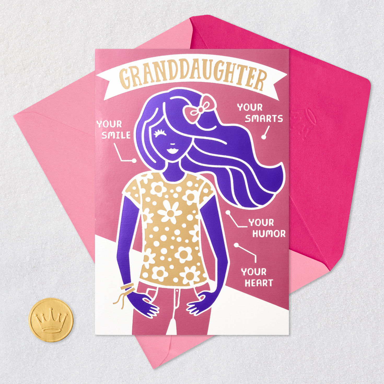 Girl in Floral Tee Granddaughter Birthday Card Card Front with Envelope and Gold Seal image number 5
