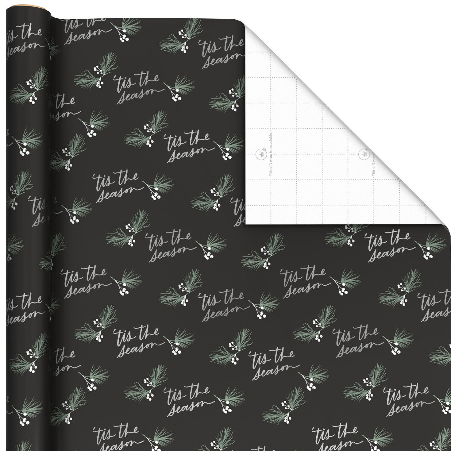 Tis the Season on Black Christmas Wrapping Paper, 35 sq. ft.