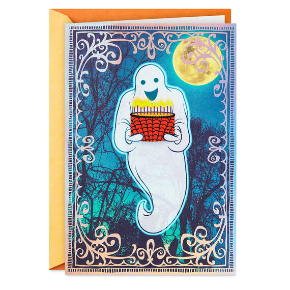 Happy Boo-thday Ghost With Cake Halloween Birthday Card