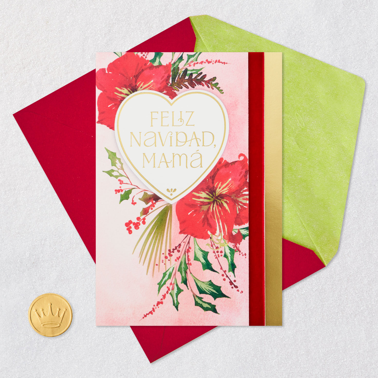 Red Floral Christmas Card in Spanish for Mom Card Front with Envelope and Gold Seal image number 7