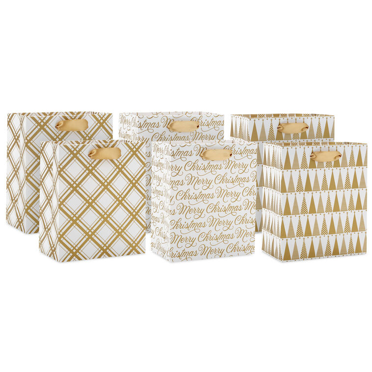 6.5" Ivory and Gold 6-Pack Assorted Small Christmas Gift Bag Bundle