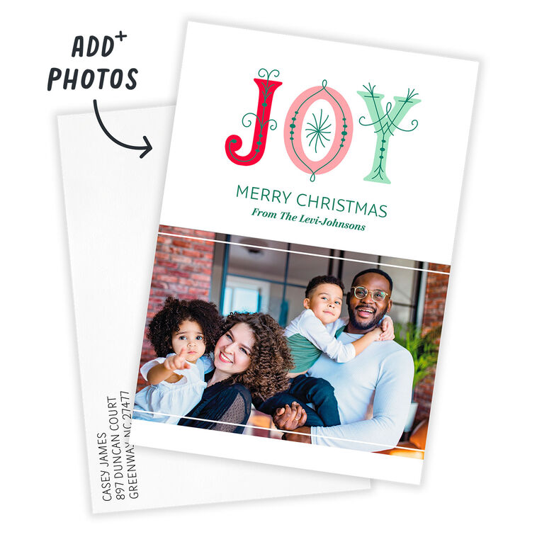Joy With Doodles Personalized Christmas Photo Card Card with Envelope indicating personalization image number 2