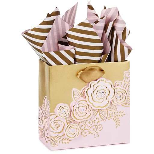 Pink Flowers Small Square Gift Bag With Tissue Paper, 5.5", 