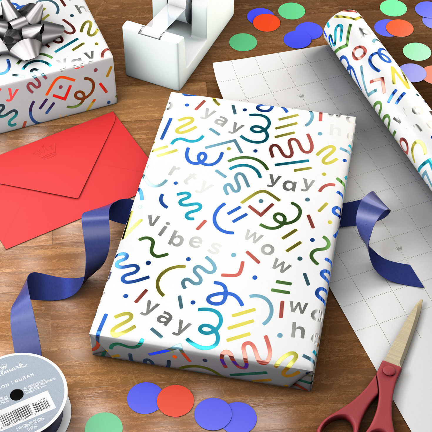 Colorful Squiggles on Metallic White Gift Wrap Roll Wrapped pkg image number 3