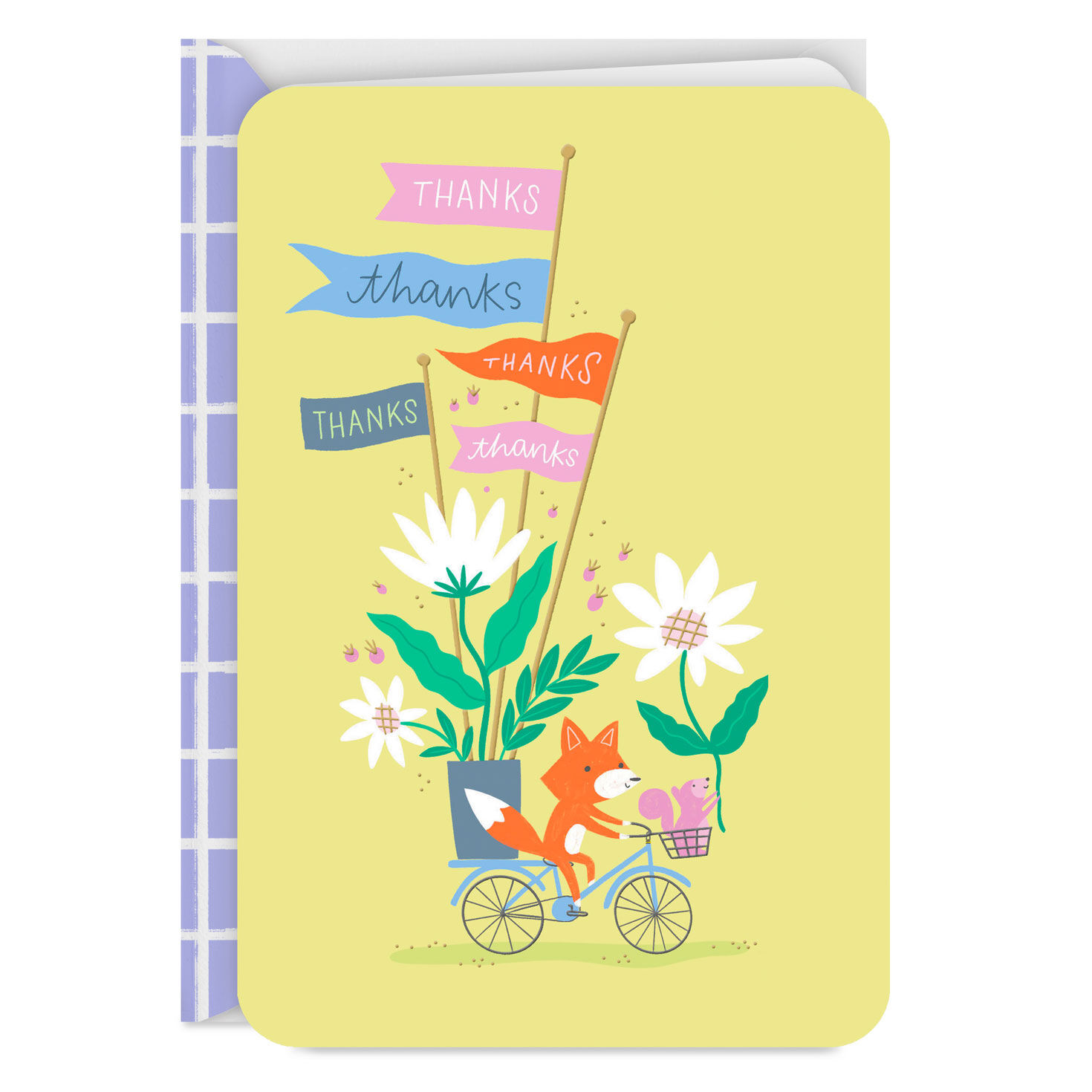 Fox, Pink Squirrel and Flowers on Bike Thank You Card Card Front image number 1