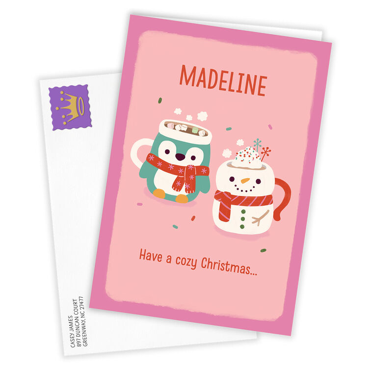 Snowman Penguin Mugs Personalized Christmas Card Card  front with Envelope  image number 2