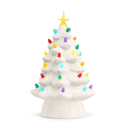 Vintage-Inspired White Ceramic Christmas Tree with LED, 12", 