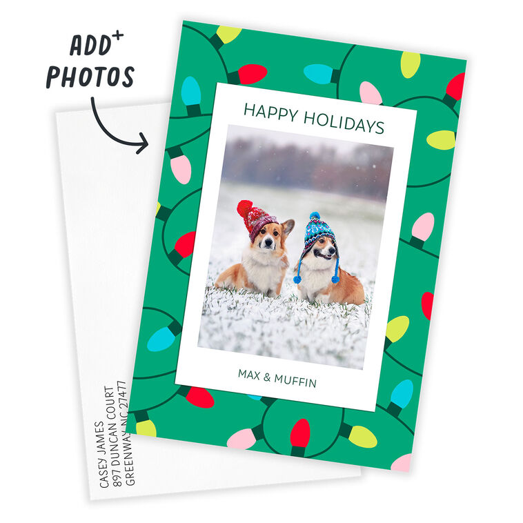 String Lights on Green Personalized Holiday Photo Card Card with Envelope indicating personalization image number 2