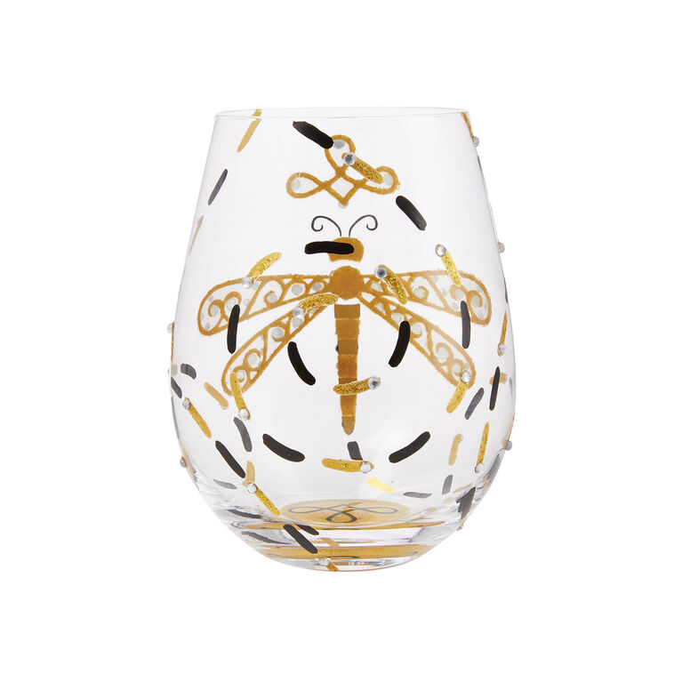 Lolita Dazzling Dragonfly Handpainted Stemless Wine Glass, 20 oz.