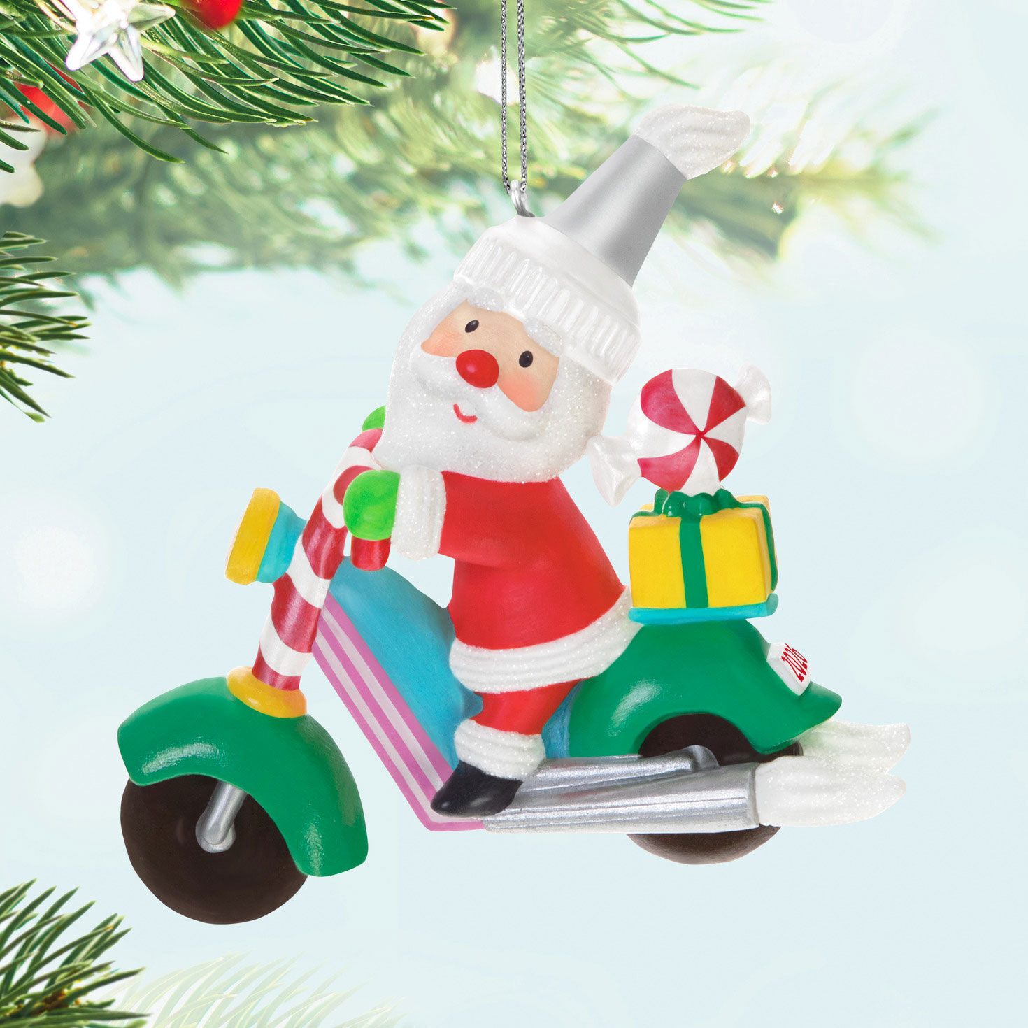 Santa on Candy Motorcycle Keepsake Ornament hanging on tree image number 2