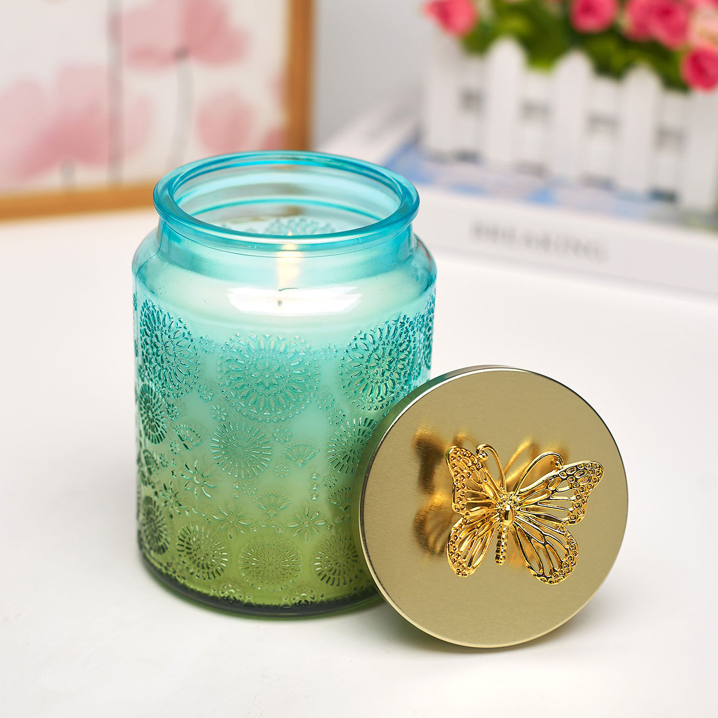 Rain Scented Candle in Blue Glass Jar in use image number 6