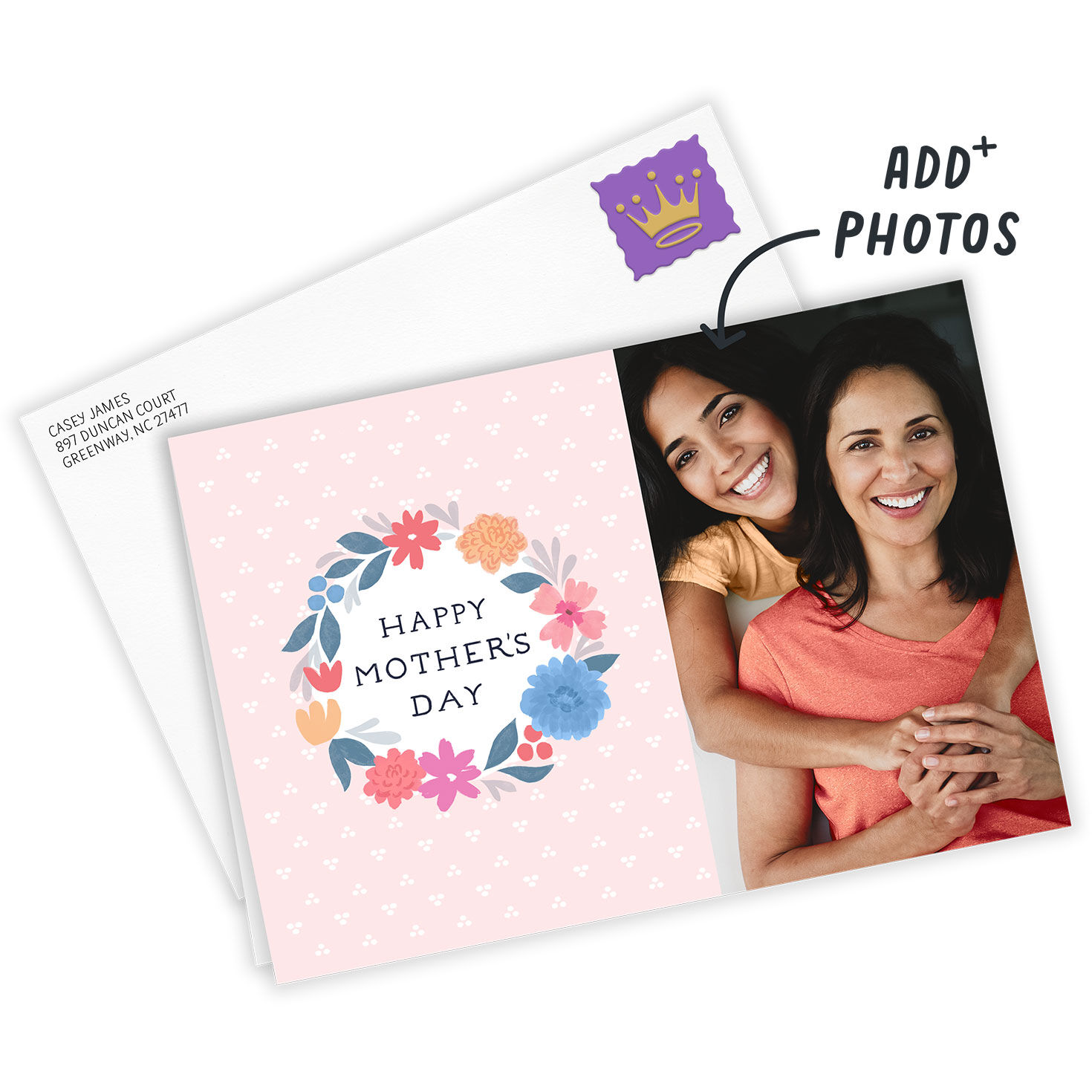 Pink Floral Wreath Personalized Mother's Day Card Card Front with Envelope image number 2