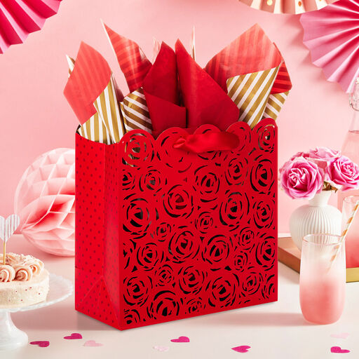 10.4" Laser-Cut Roses on Red Large Square Gift Bag With Tissue Paper, 