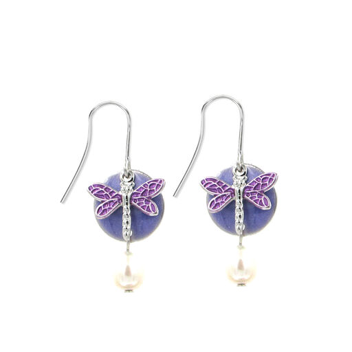 Silver Forest Purple Dragonfly on Blue Disc Silver-Tone Metal Drop Earrings, 