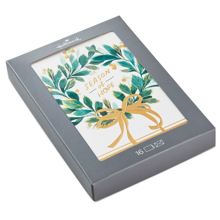 Wreath With Gold Berries Boxed Christmas Cards, Pack of 16