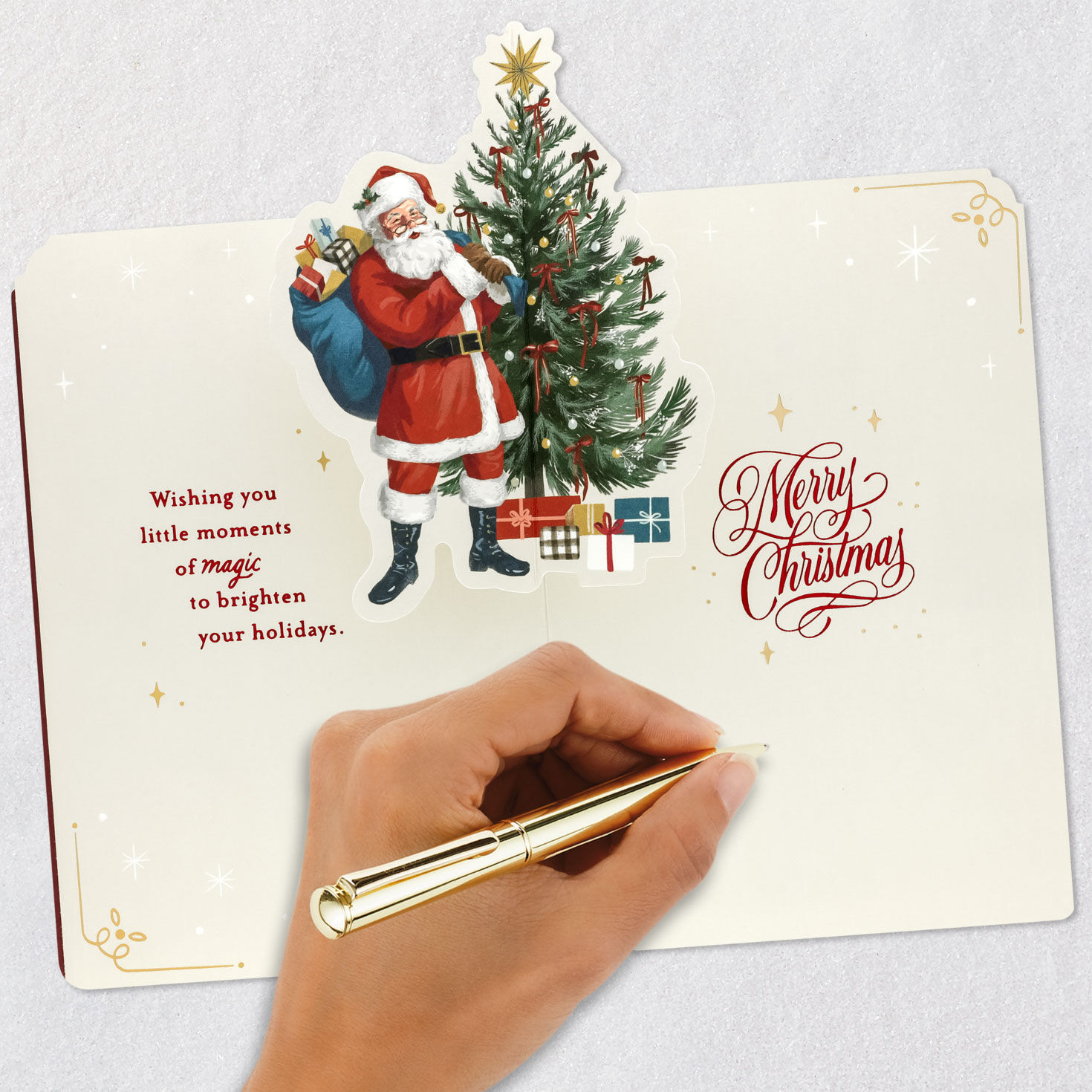 Burgundy Pop-Up Santa Storybook Christmas Card signing card image number 8