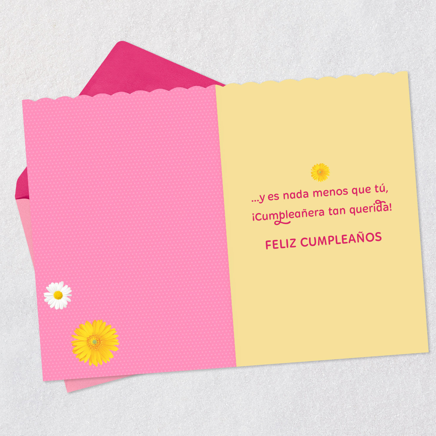 Kitten With Party Hat and Daisies Birthday Card in Spanish Open card with envelope image number 3