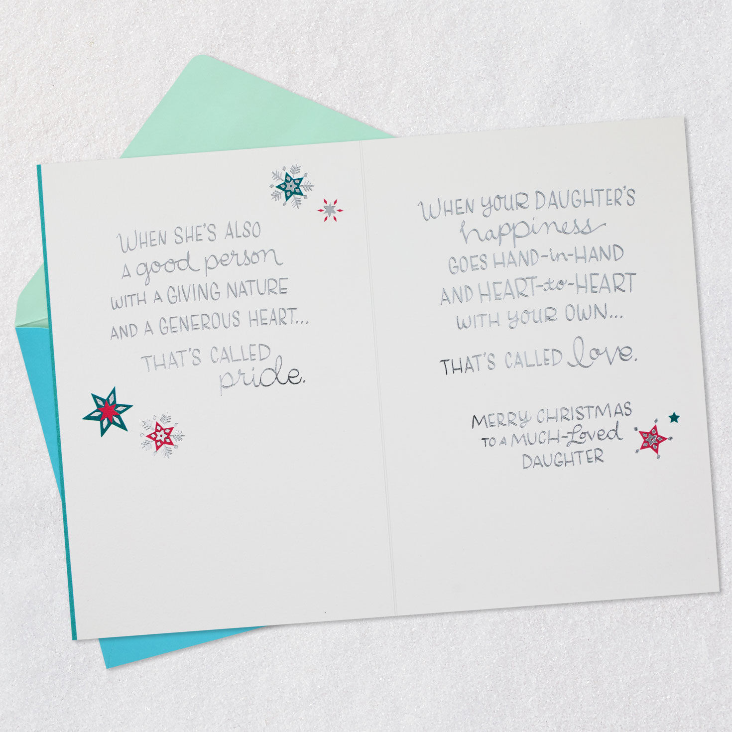 Joy, Pride, Love Snowflakes Daughter Christmas Card Open card with envelope image number 4
