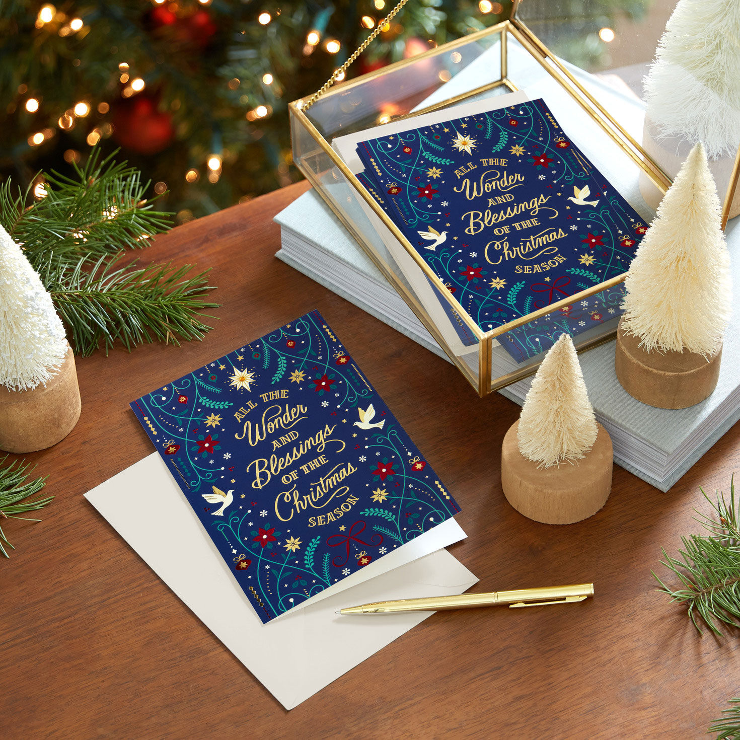 Folk Art on Blue Boxed Christmas Cards In use image number 7
