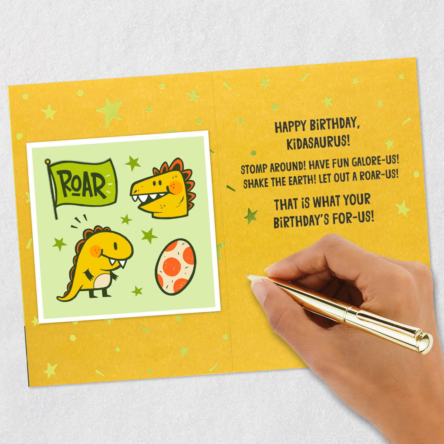 Dinosaur in Party Hat Kids Birthday Card With Stickers signing card image number 7