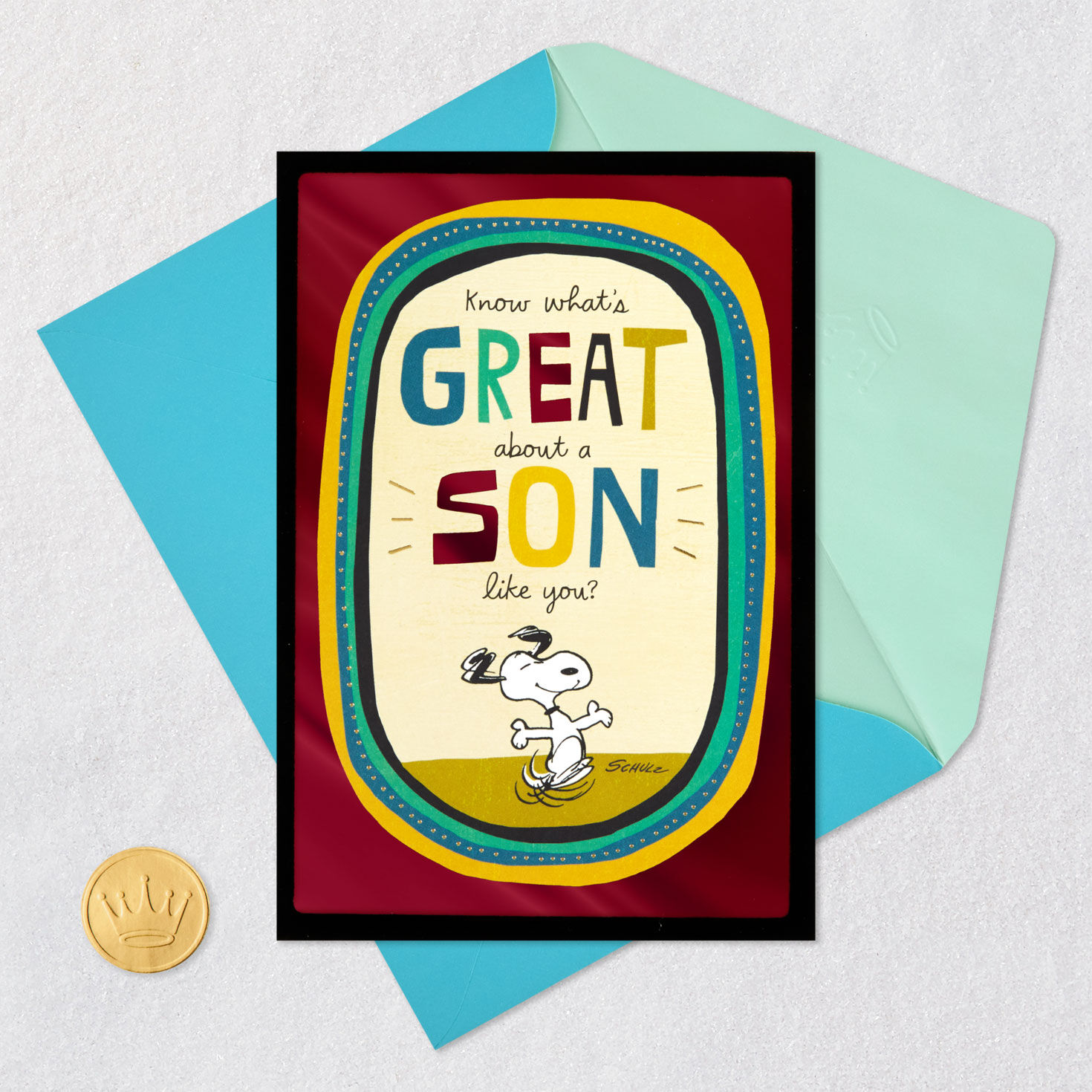 Dancing Snoopy Peanuts Birthday Card for Son Card Front with Envelope and Gold Seal image number 5