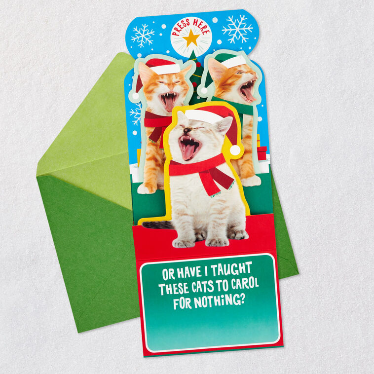 Caroling Cats Funny Musical Pop-Up Christmas Card Open card with envelope image number 4