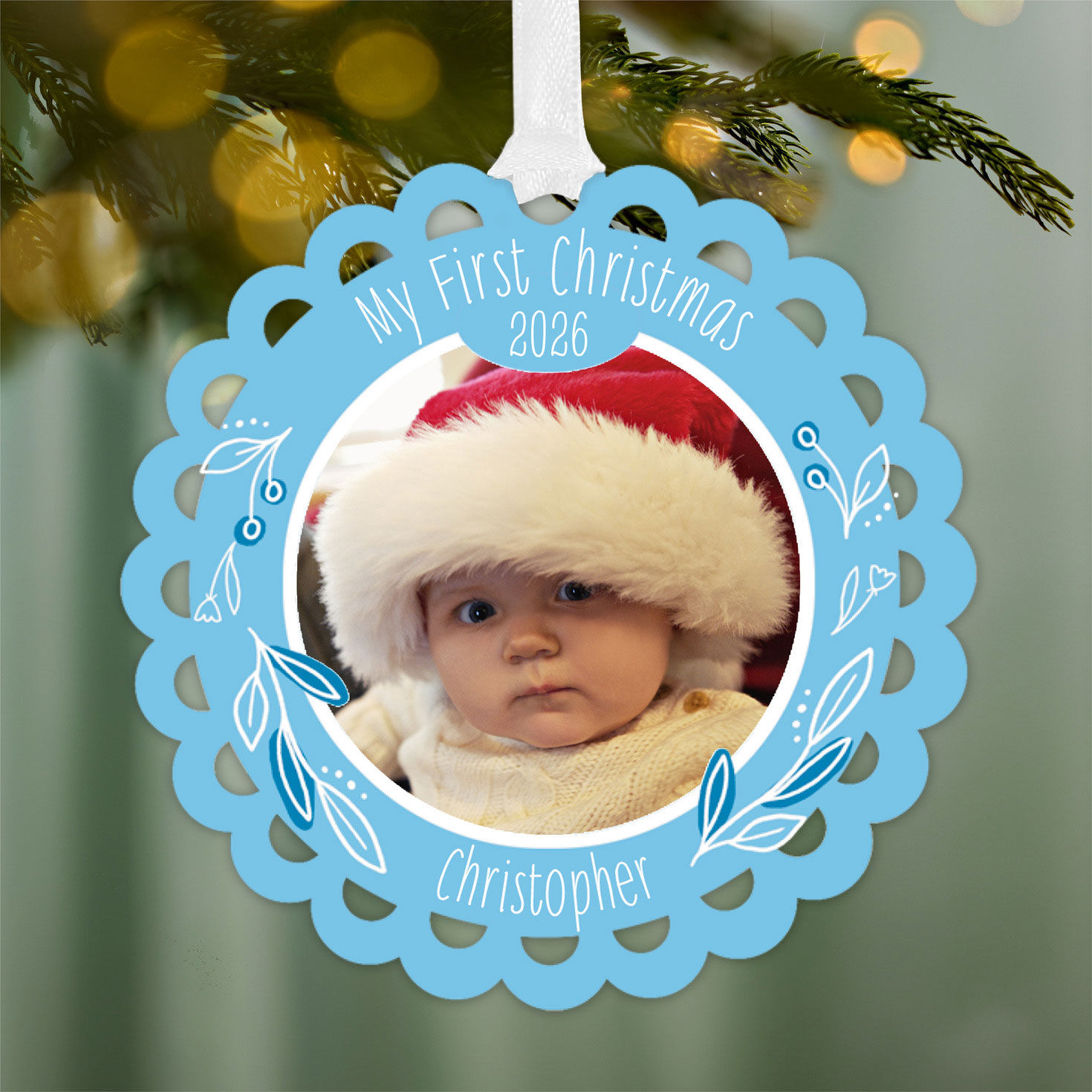 Baby's First Personalized Blue Christmas Ornament hanging on tree image number 2