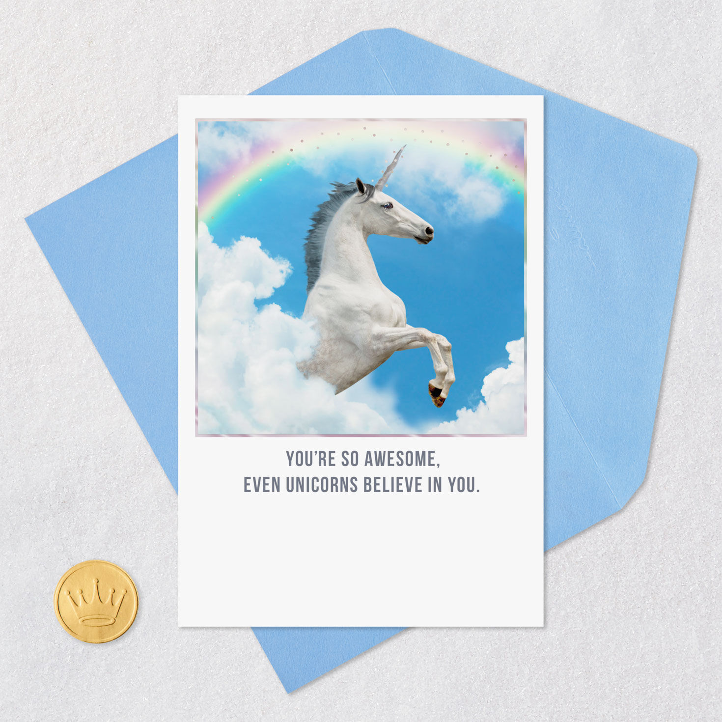 Unicorns Believe in You Funny Congratulations Card Card Front with Envelope and Gold Seal image number 5