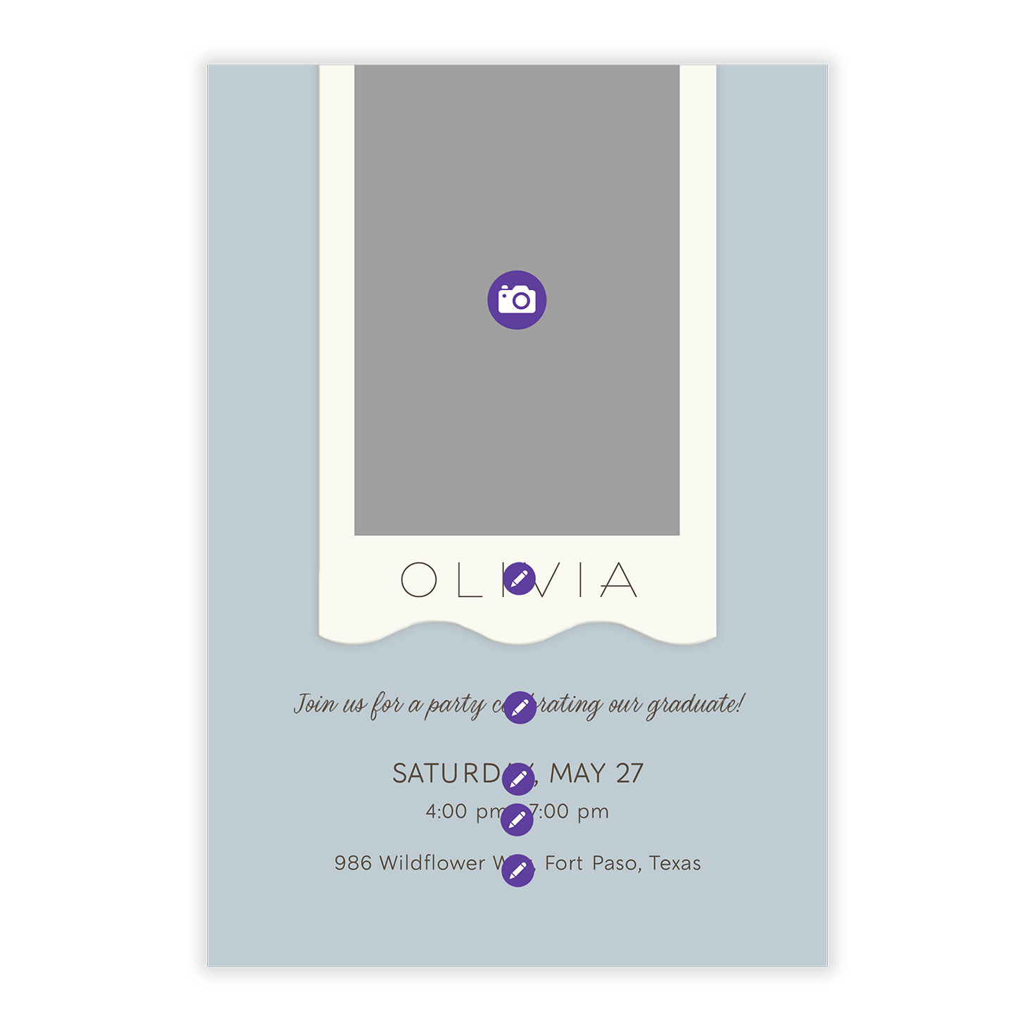 White Scalloped Edge on Blue Grad Party Invitation Card Front indicating personalization image number 5