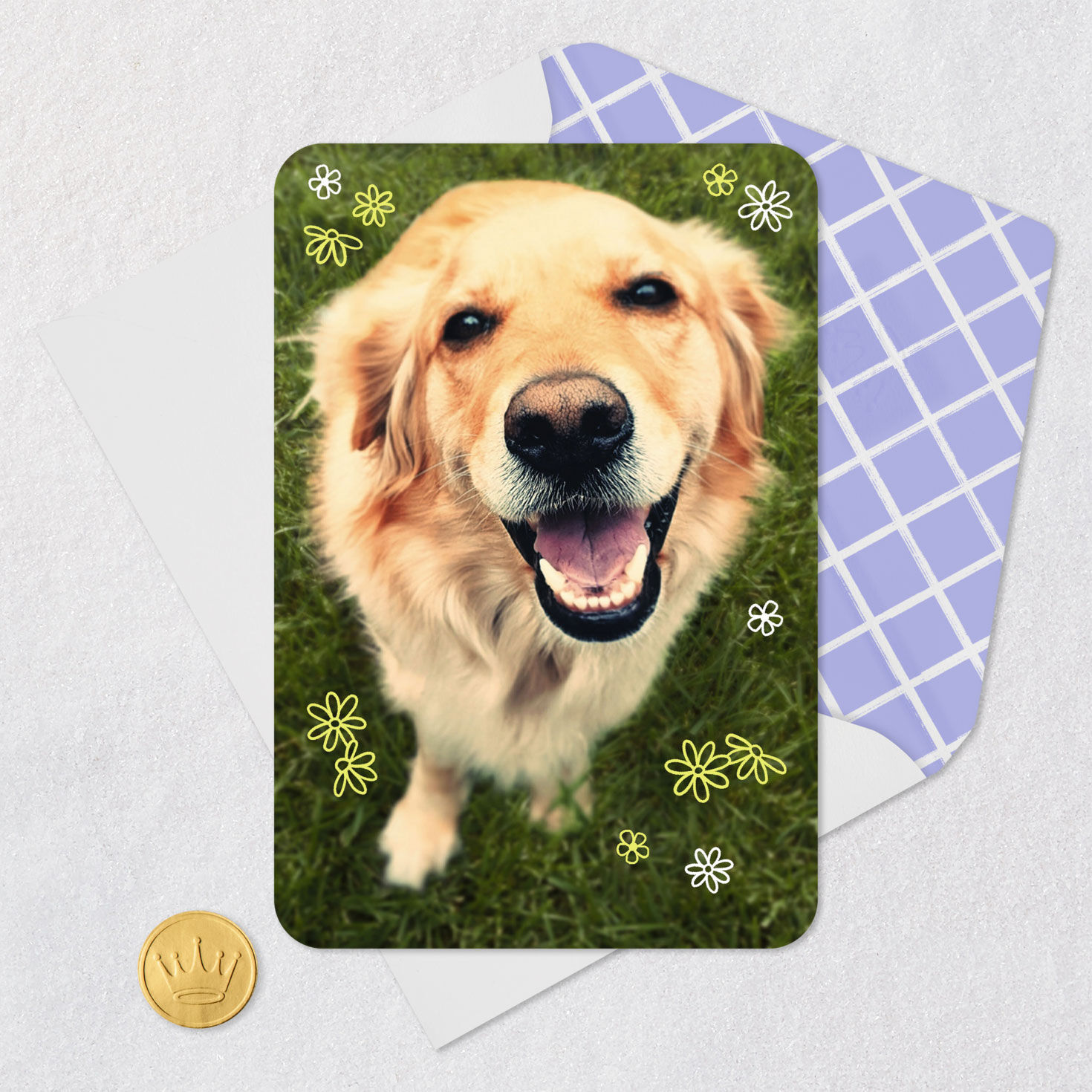 Golden Retriever and Flower Doodles Blank Card Card Front with Envelope and Gold Seal image number 4