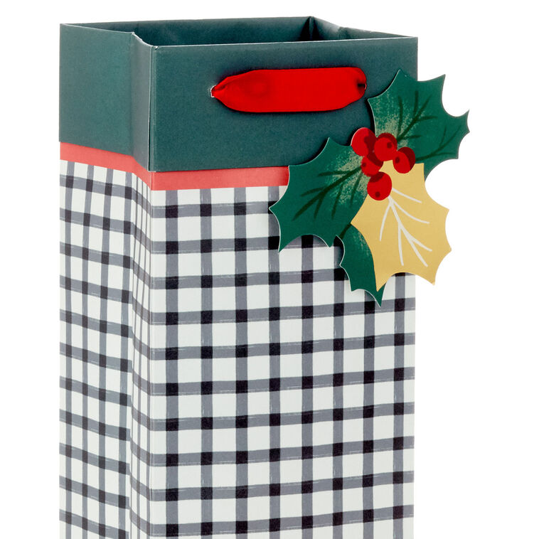 Black and White Check Holiday Wine Gift Bag Handle Detail image number 4