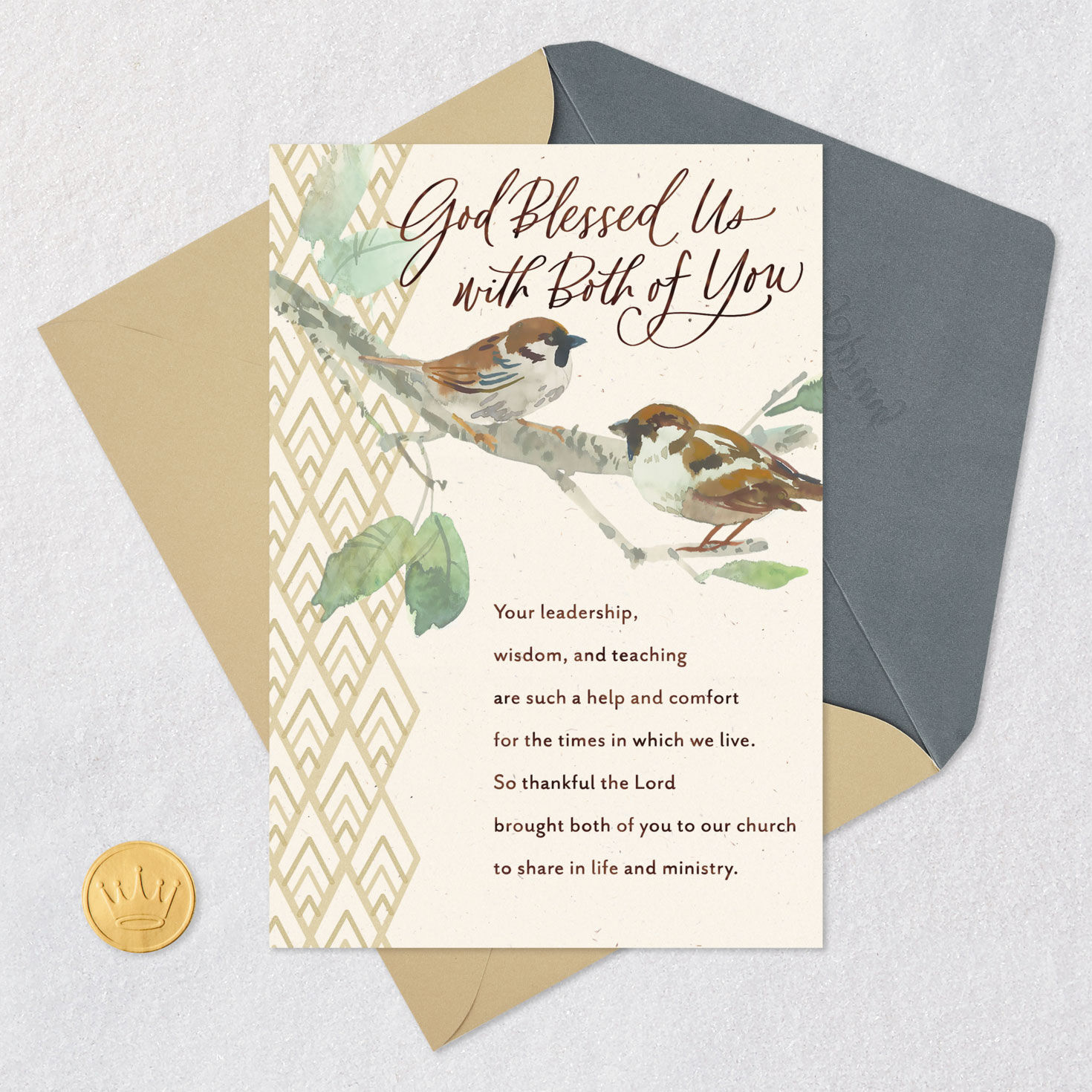 Birds on Branch Religious Clergy Appreciation Card Both Card Front with Envelope and Gold Seal image number 6