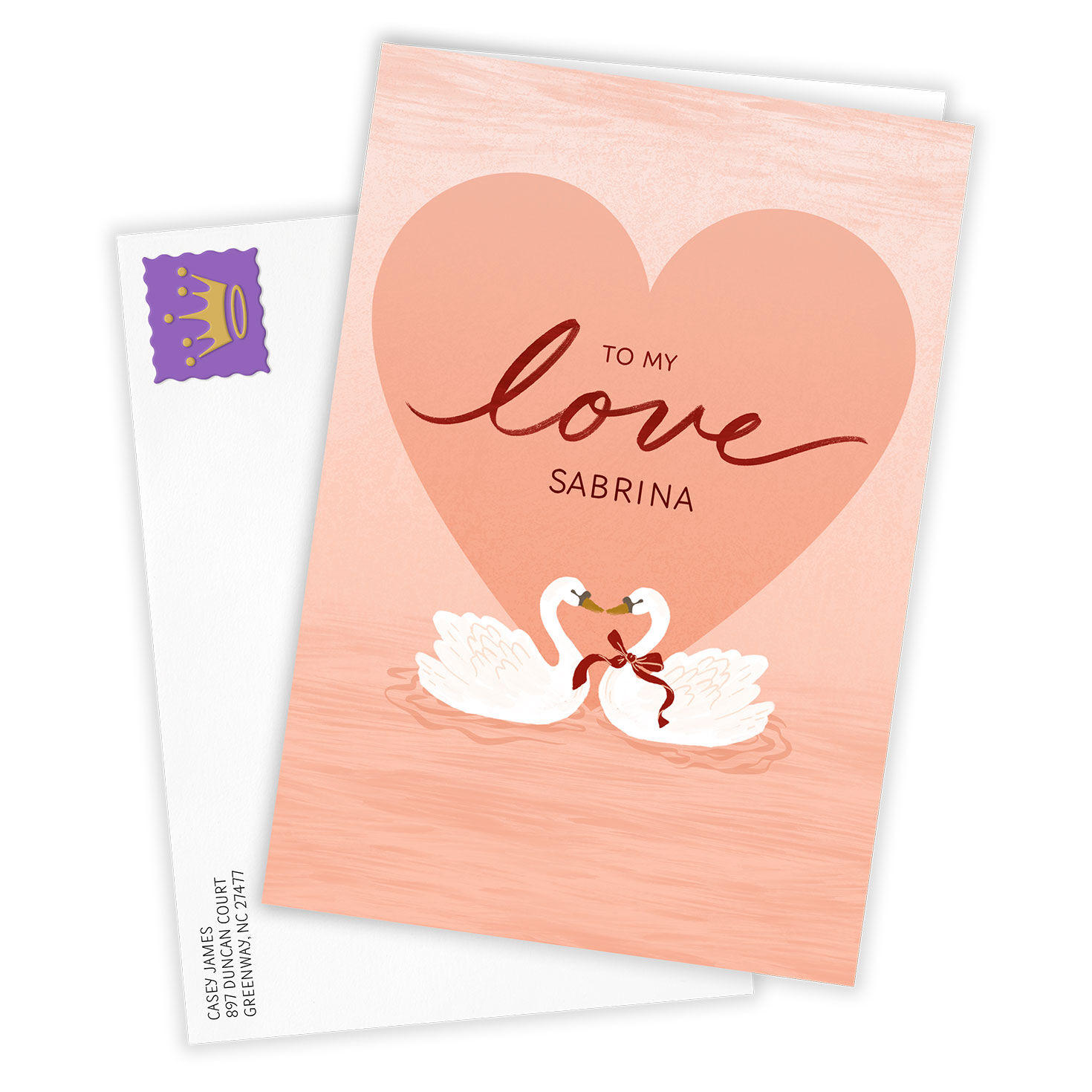 Heart With Swans Personalized Valentine's Day Card Card Front with Envelope image number 2