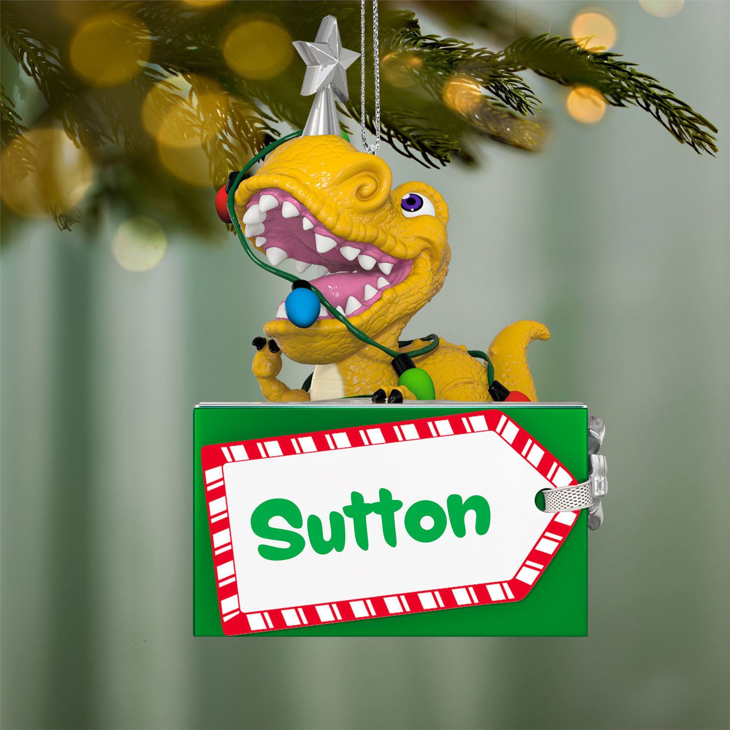 Dinosaur With Gift Personalized Text Ornament hanging on tree image number 3