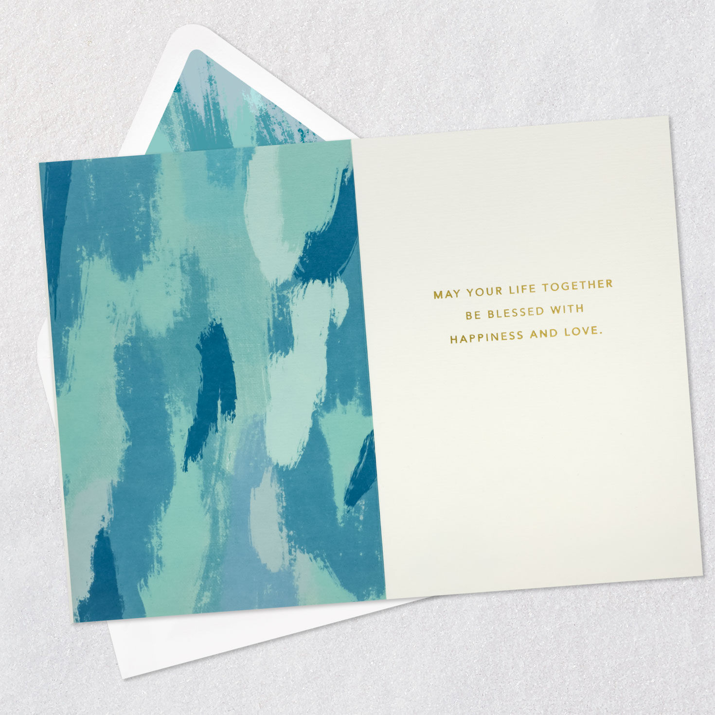 Blue and Gold Lettering Wedding Congrats Card Open card with envelope image number 3
