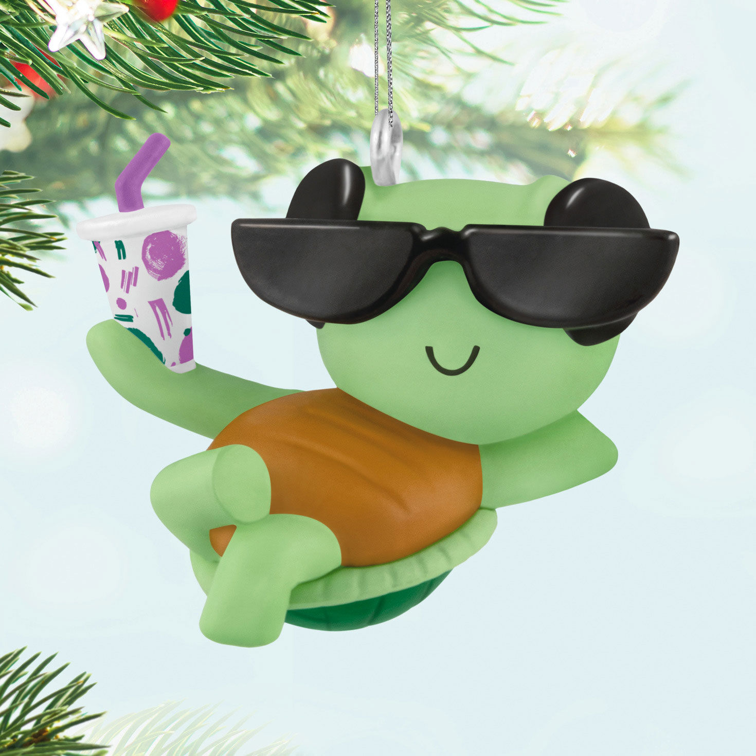 Turtle With Sunglasses and drink Keepsake Ornament Hanging on tree image number 2