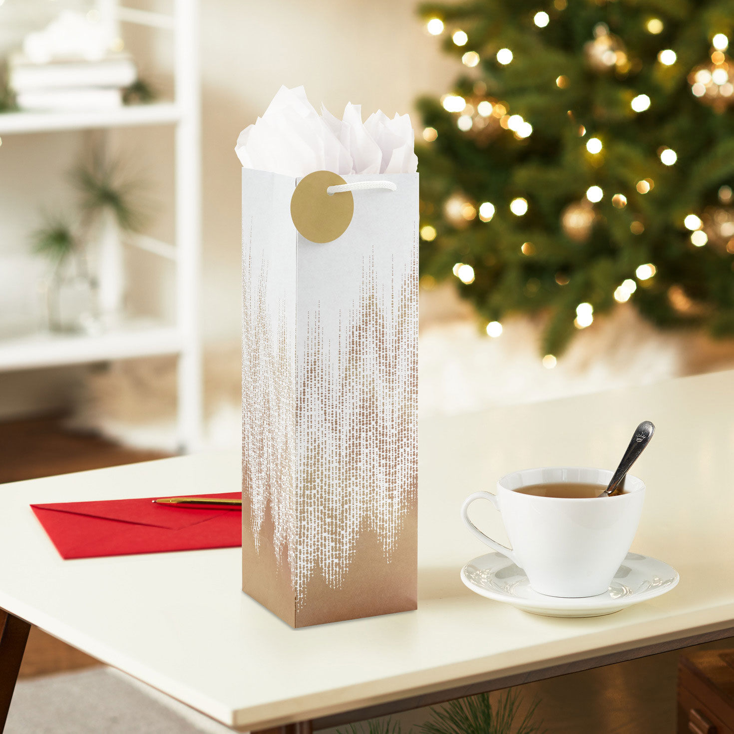 Kraft and White Chevron Large Holiday Wine Gift Bag in use image number 2