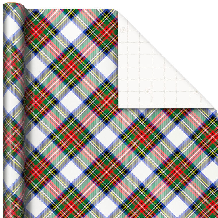 Multicolor Plaid on White Christmas Wrapping Paper, 90 sq. ft.