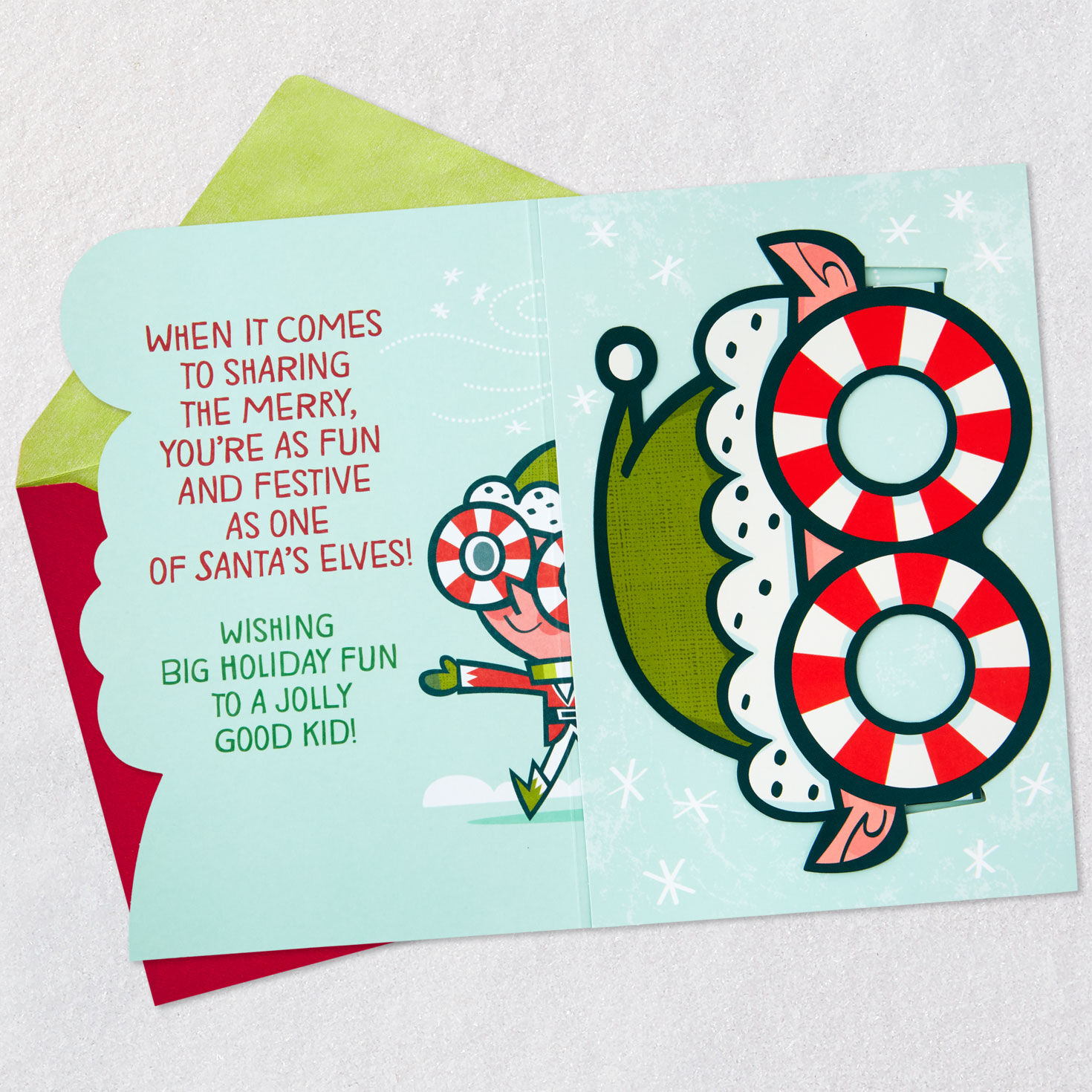 Green Elf Christmas Card for Kid with Detachable Glasses Open card with envelope image number 3