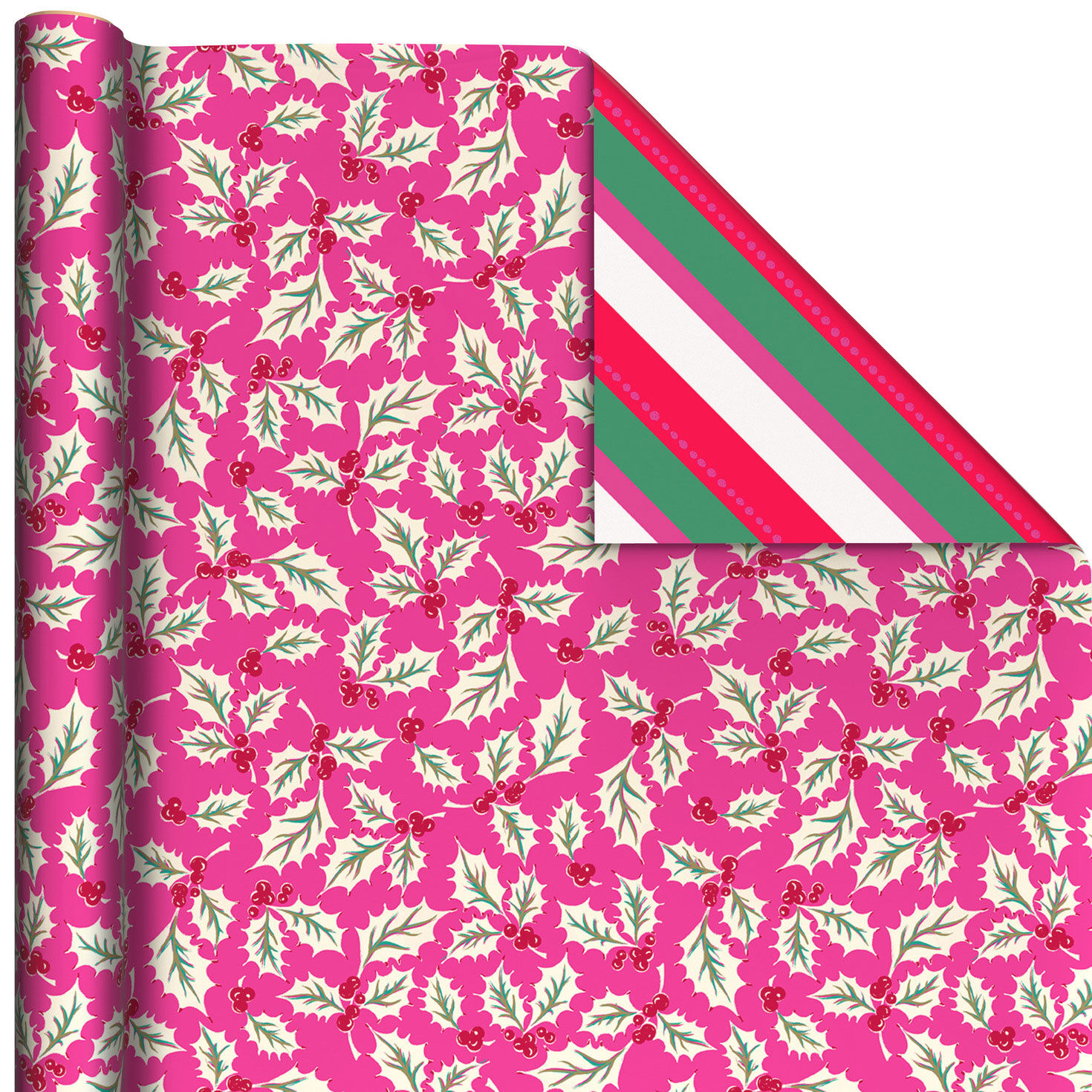 Lacey Chabert Collection Holly on Rose/Bright Stripes Christmas Reversible Wrapping Paper Roll, 30 sq. ft.