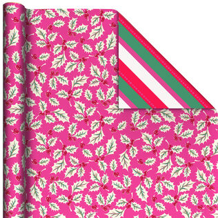 Lacey Chabert Collection Holly on Rose/Bright Stripes Christmas Reversible Wrapping Paper Roll, 30 sq. ft.