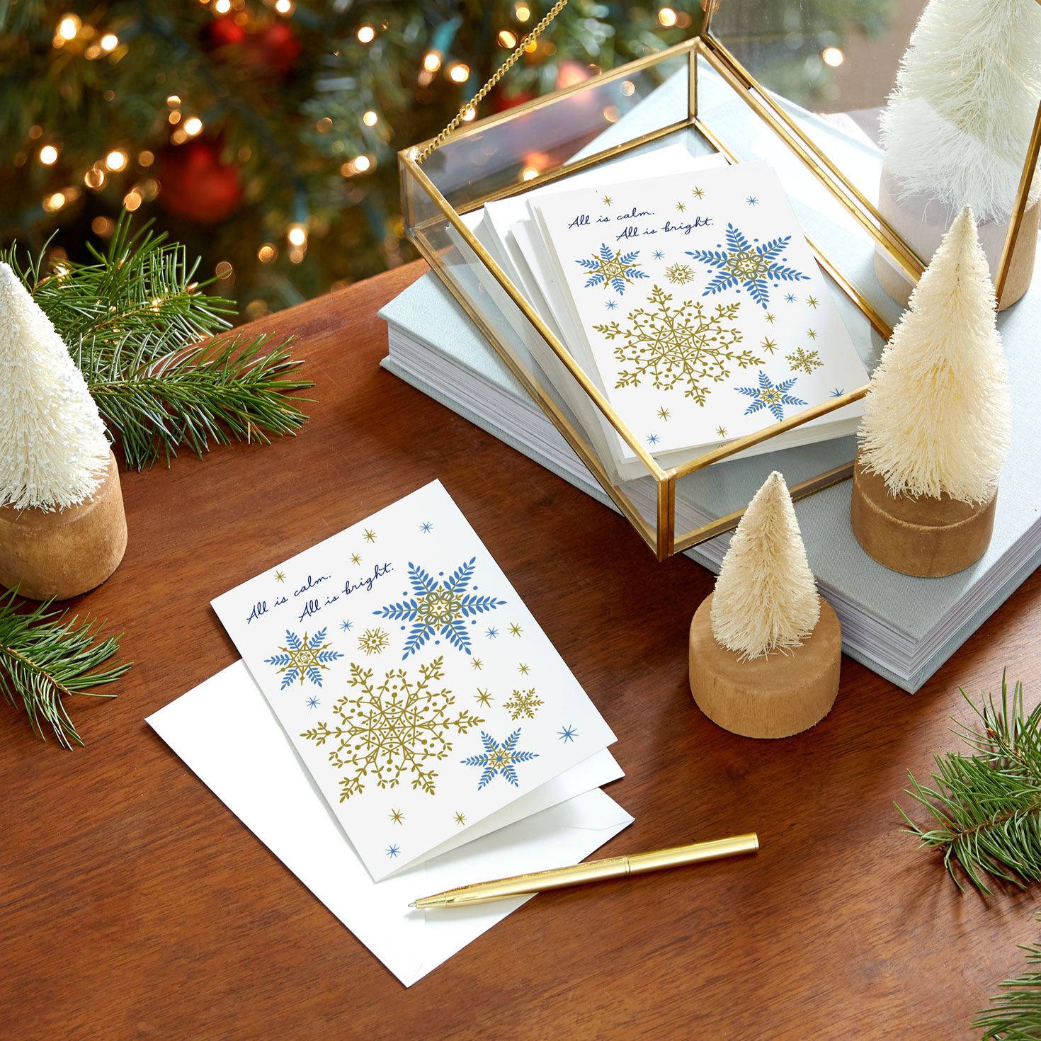 Blue and Gold Snowflakes Christmas Card Pack in use image number 6