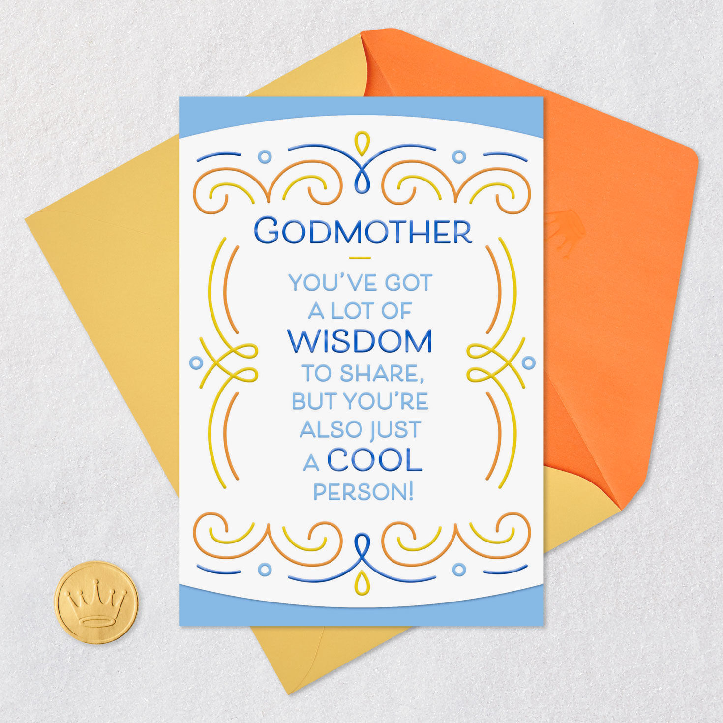 Blue and Gold Flourishes Godmother Birthday Card Card Front with Envelope and Gold Seal image number 5