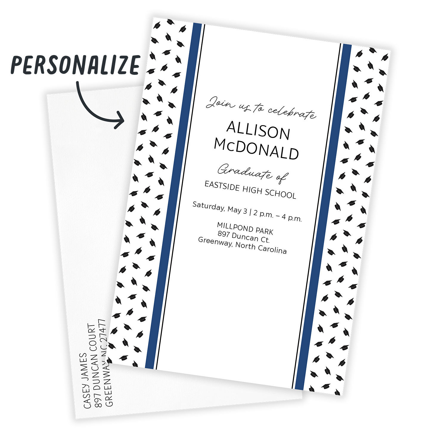 Blue Border Black Hats Grad Party Invitation Card Front indicating personalization image number 2