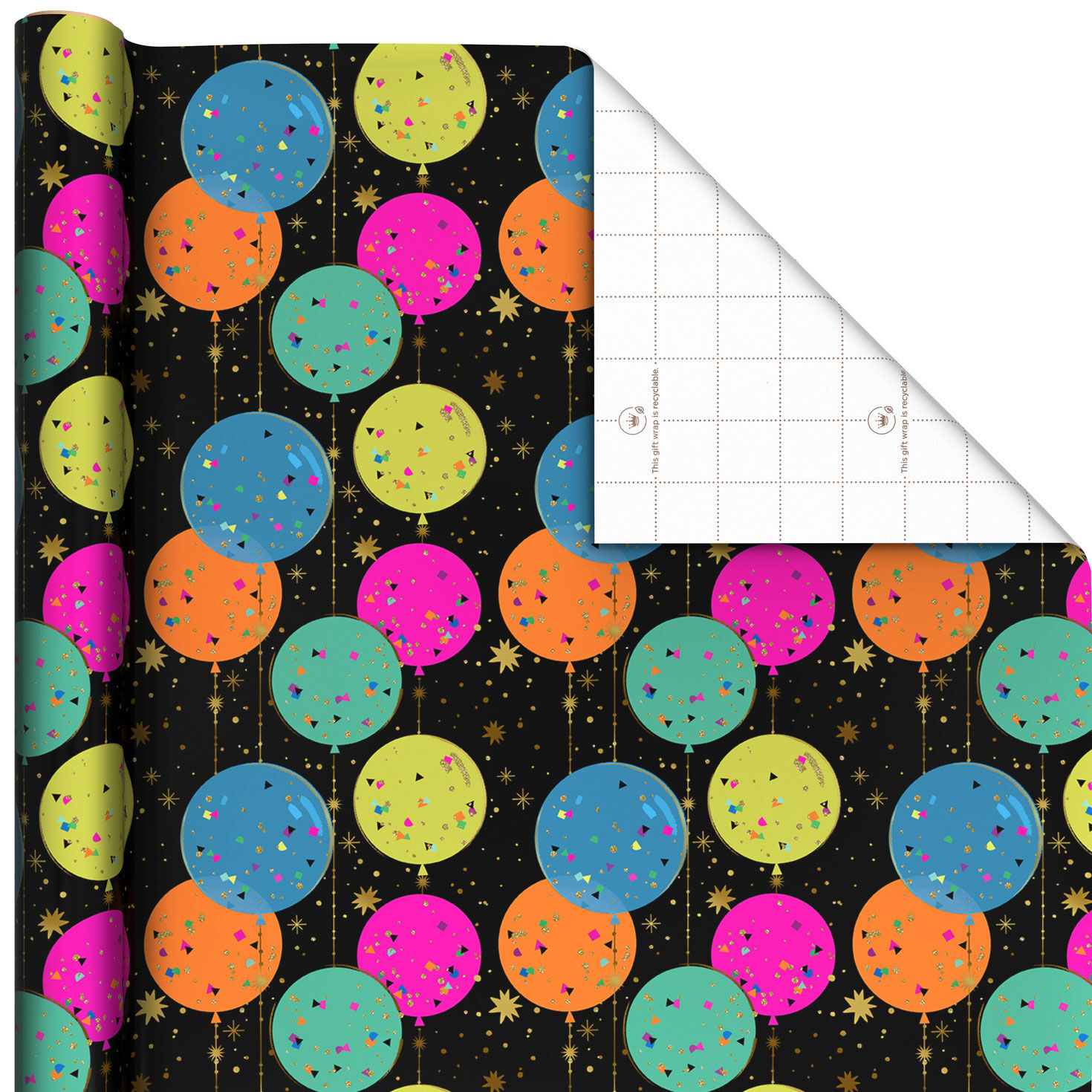 Bright Balloons on Black Wrapping Paper Roll, 17.5 sq. ft.